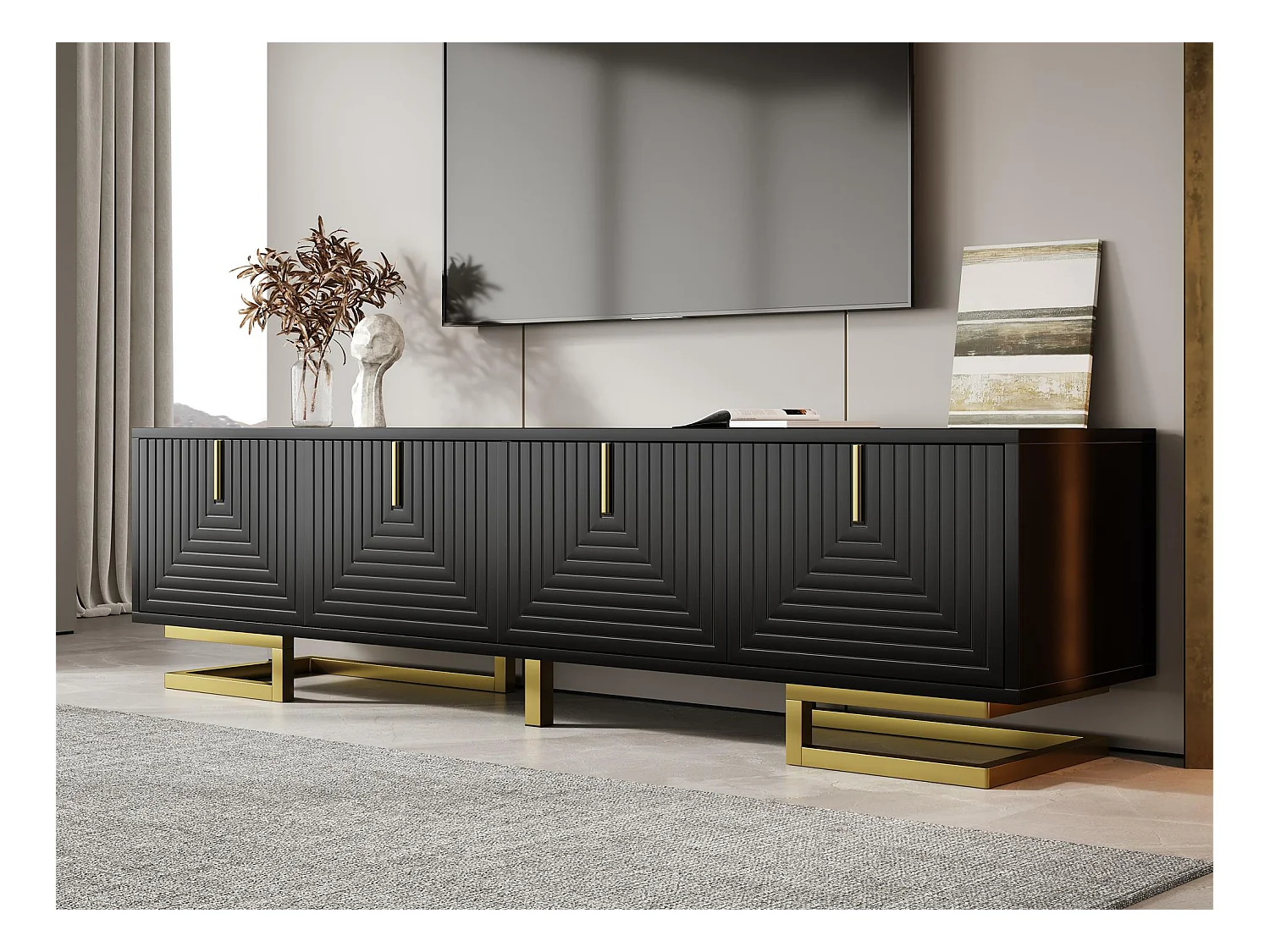Meuble TV 160x38x44.5 cm - 4 portes - Poignées et pieds dorés - Panneaux de particules - Noir