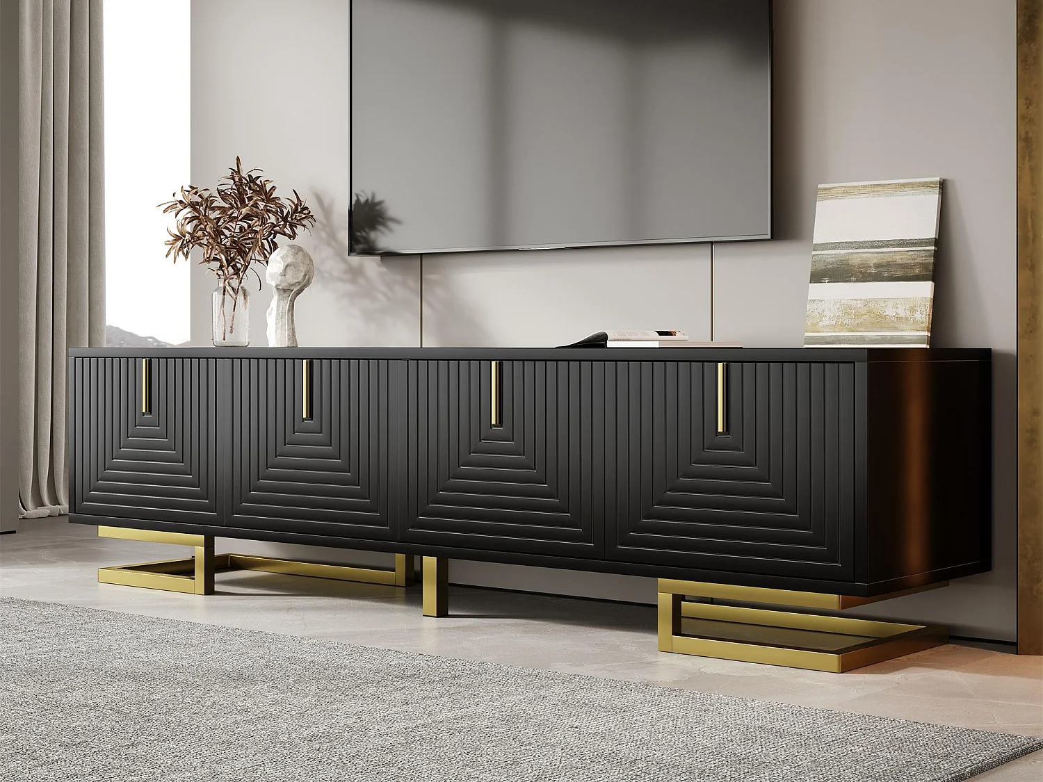 Meuble TV 160x38x44.5 cm - 4 portes - Poignées et pieds dorés - Panneaux de particules - Noir