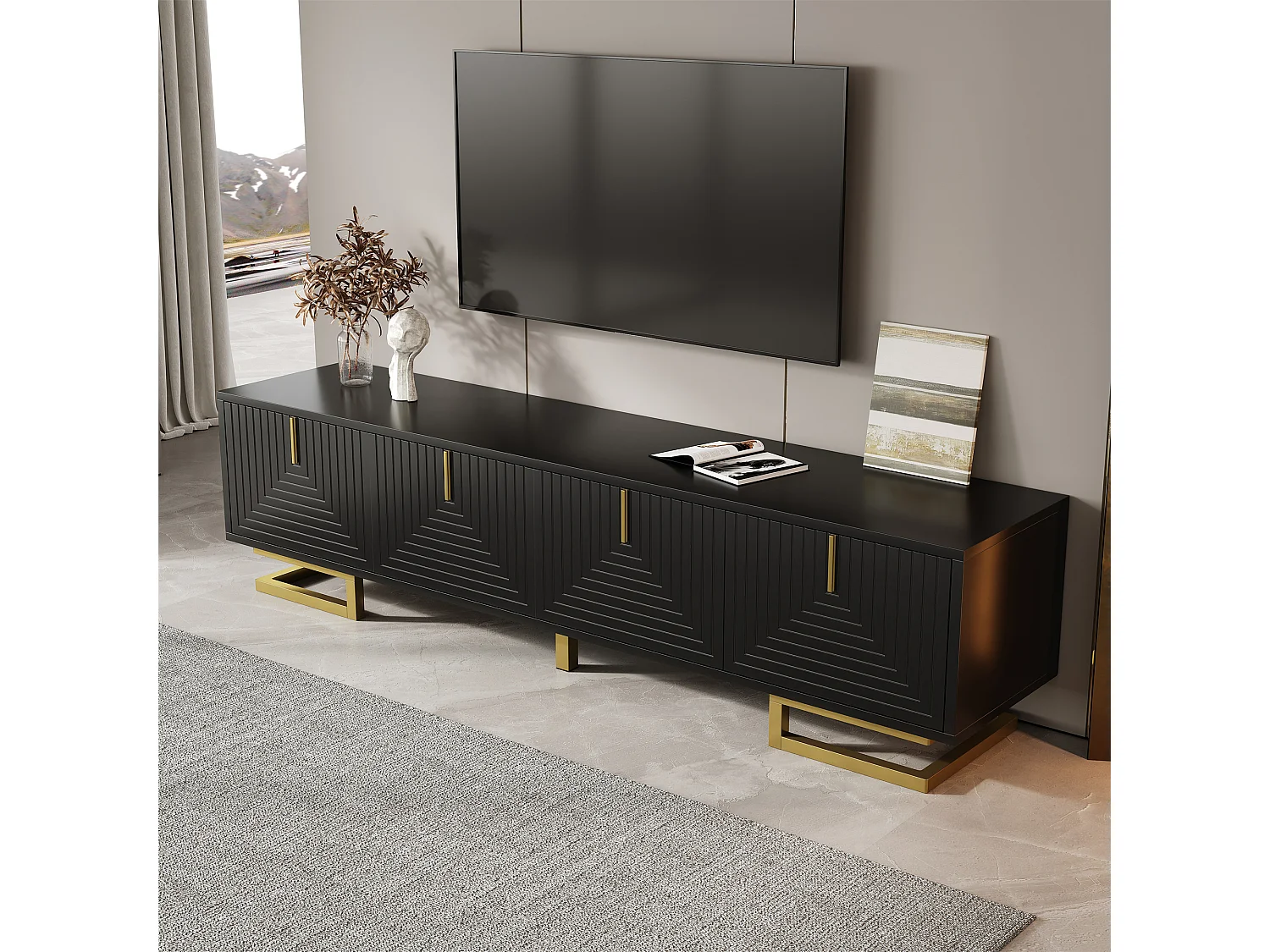 Meuble TV 160x38x44.5 cm - 4 portes - Poignées et pieds dorés - Panneaux de particules - Noir