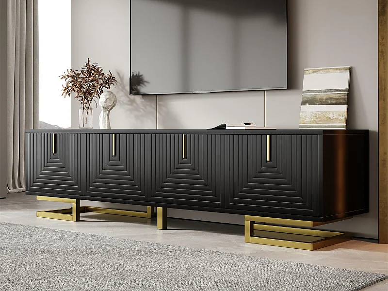 Meuble TV 160x38x44.5 cm - 4 portes - Poignées et pieds dorés - Panneaux de particules - Noir