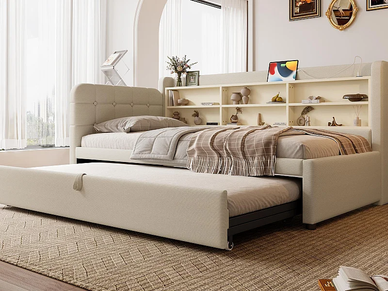 Sofa rozkładana 90×200 cm - z łóżkiem schowkowym - port USB + Type C - z półką - len - beżowa (materac nie jest zawarty)