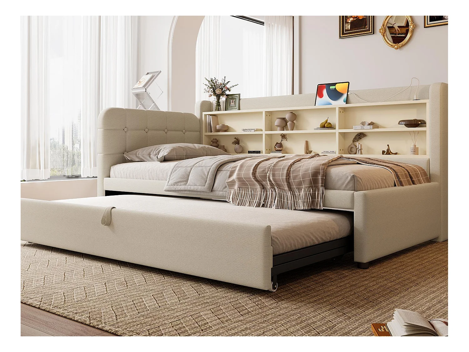 Slaapbank 90×200 cm - met opbergbed - USB + Type-C aansluiting - met plank - linnen - beige (matras niet inbegrepen)