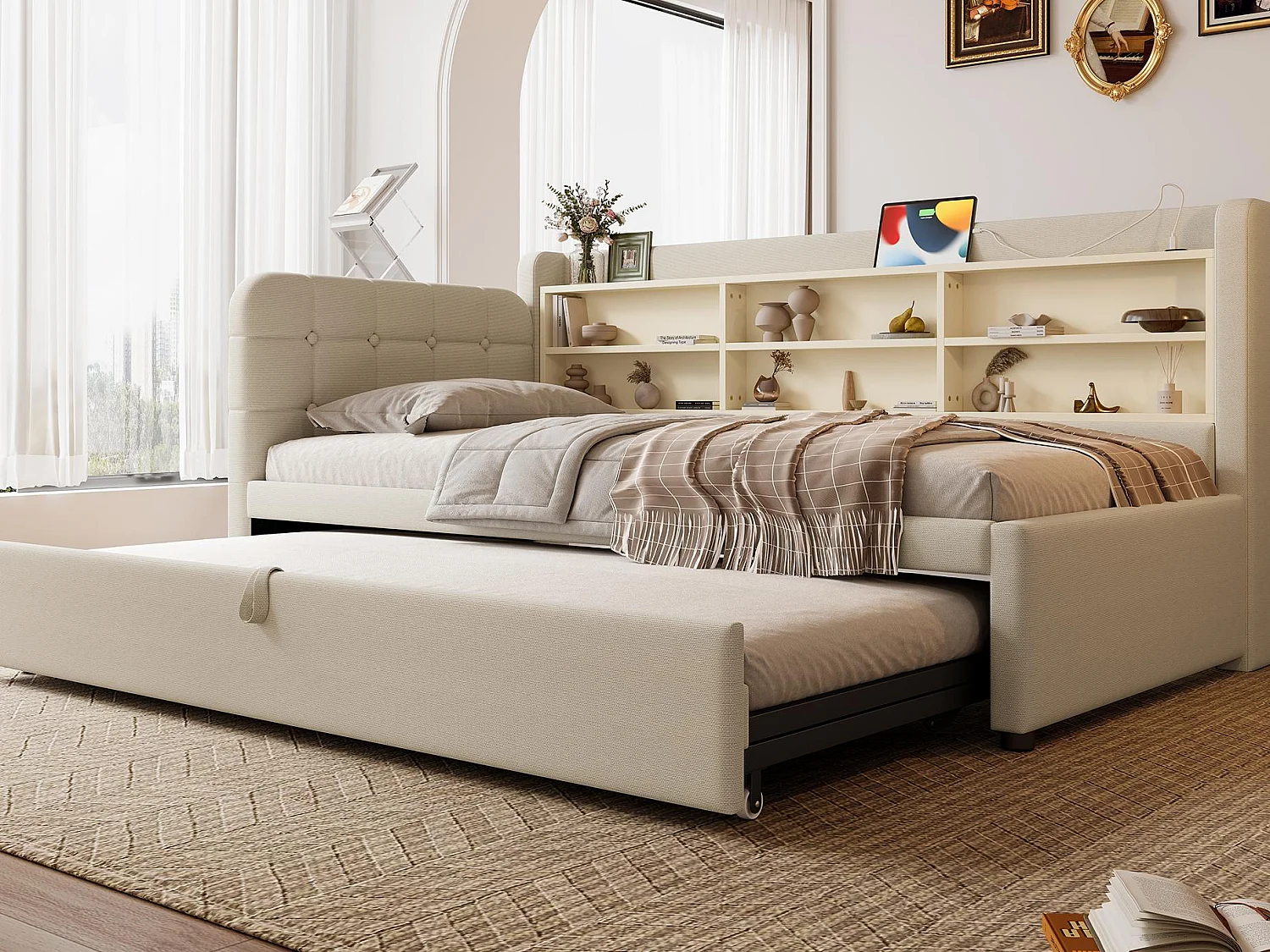 Sofá-cama 90×200 cm - com cama extra - porta USB + Type C - com prateleira de armazenamento - linho - bege (colchão não incluído)