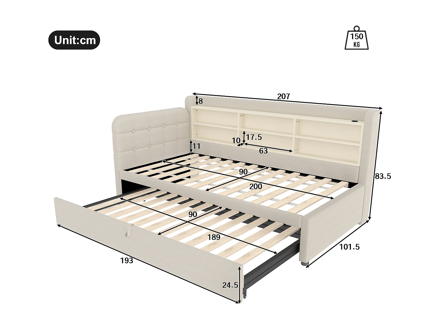 Sofá-cama 90×200 cm - com cama extra - porta USB + Type C - com prateleira de armazenamento - linho - bege (colchão não incluído)