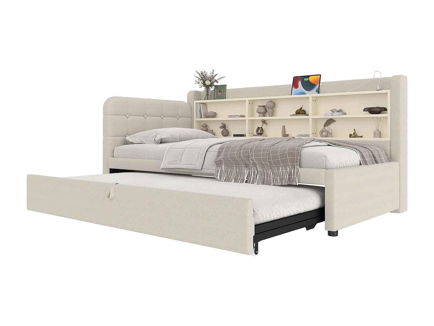Sofá-cama 90×200 cm - com cama extra - porta USB + Type C - com prateleira de armazenamento - linho - bege (colchão não incluído)