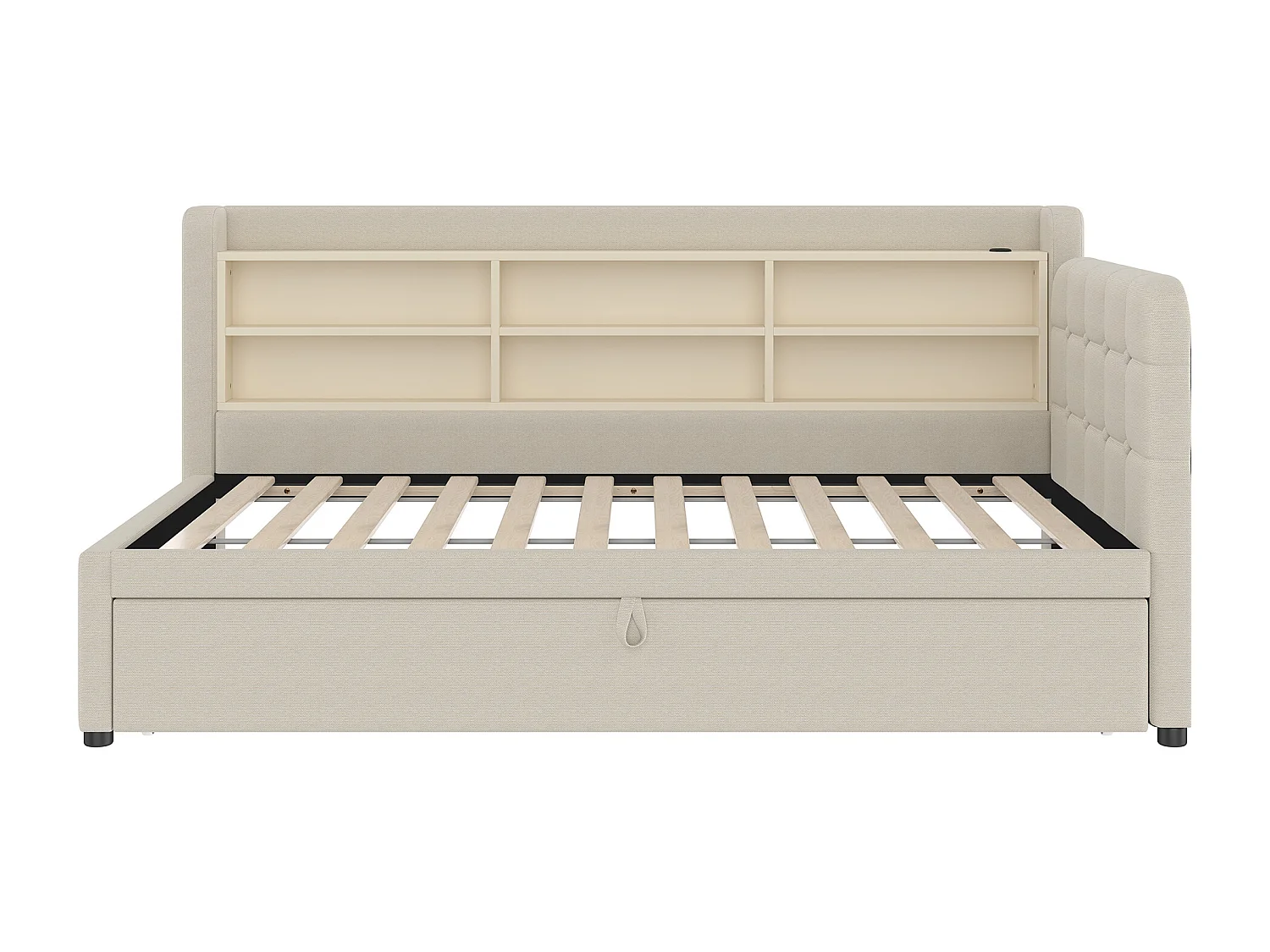 Sofá-cama 90×200 cm - com cama extra - porta USB + Type C - com prateleira de armazenamento - linho - bege (colchão não incluído)