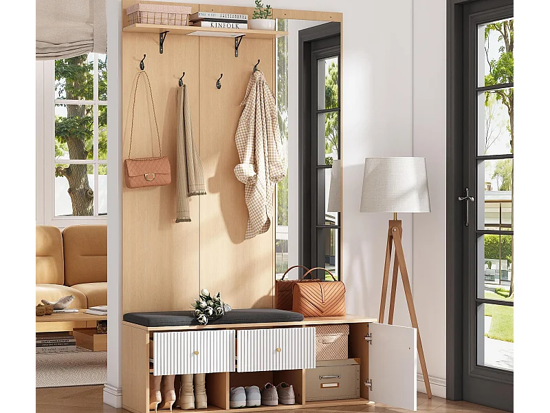 Eingangsgarderobenset 120×40×200 cm - mit Spiegel und 4 Haken - mit Bank und Schuhschrank - Natur + Wei