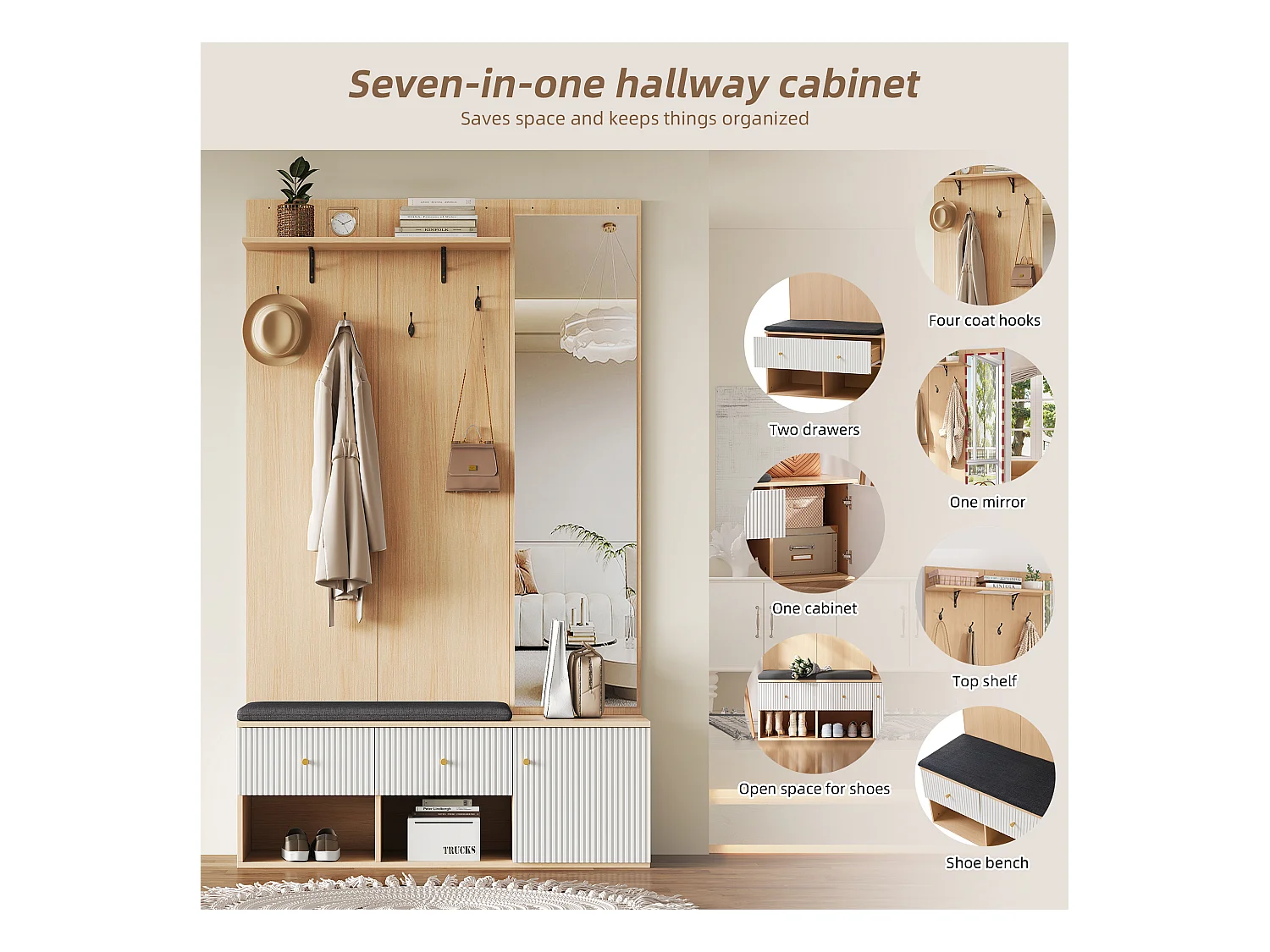 Ensemble vestiaire d'entrée 120x40x200 cm - avec miroir et 4 crochets - avec banc et meuble à chaussures - Naturel + Blanc