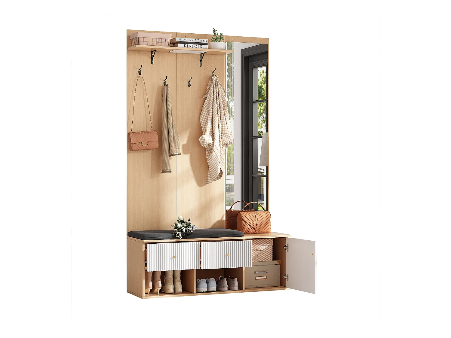 Ensemble vestiaire d'entrée 120x40x200 cm - avec miroir et 4 crochets - avec banc et meuble à chaussures - Naturel + Blanc