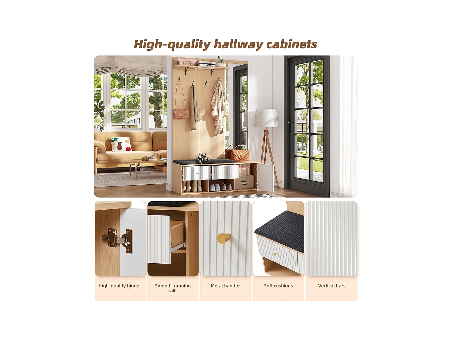 Ensemble vestiaire d'entrée 120x40x200 cm - avec miroir et 4 crochets - avec banc et meuble à chaussures - Naturel + Blanc