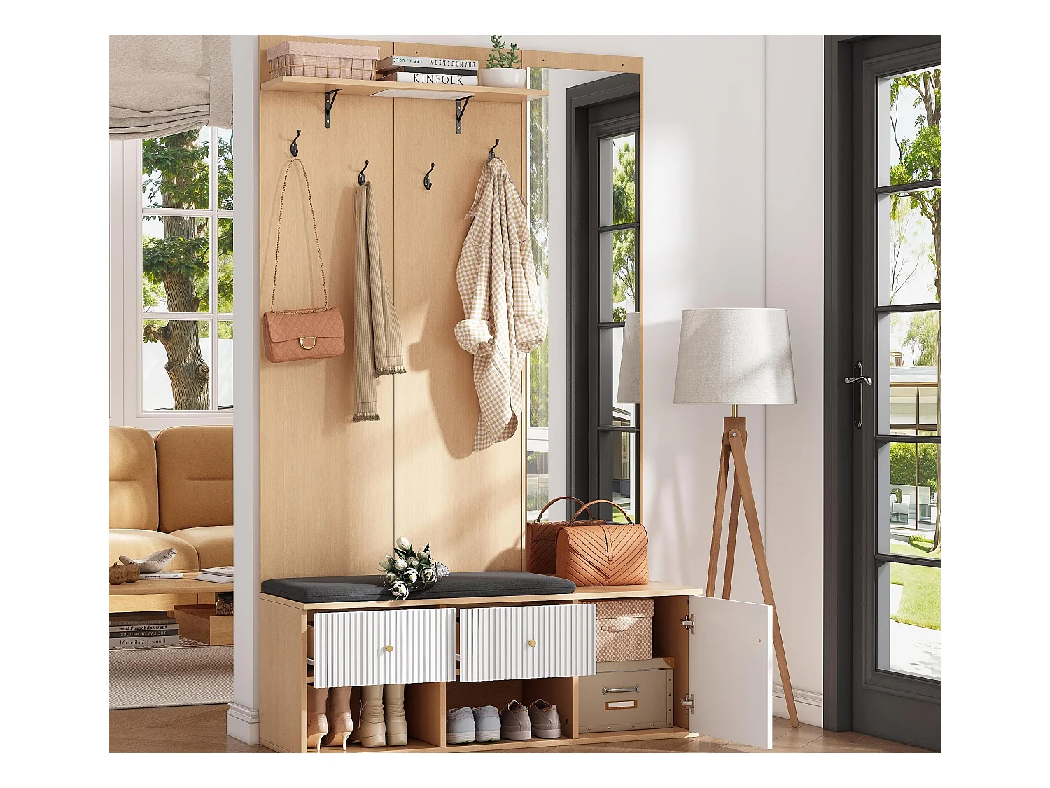 Conjunto vestiário de entrada 120×40×200 cm - com espelho e 4 ganchos - com banco e sapateiro - Natural + Branco
