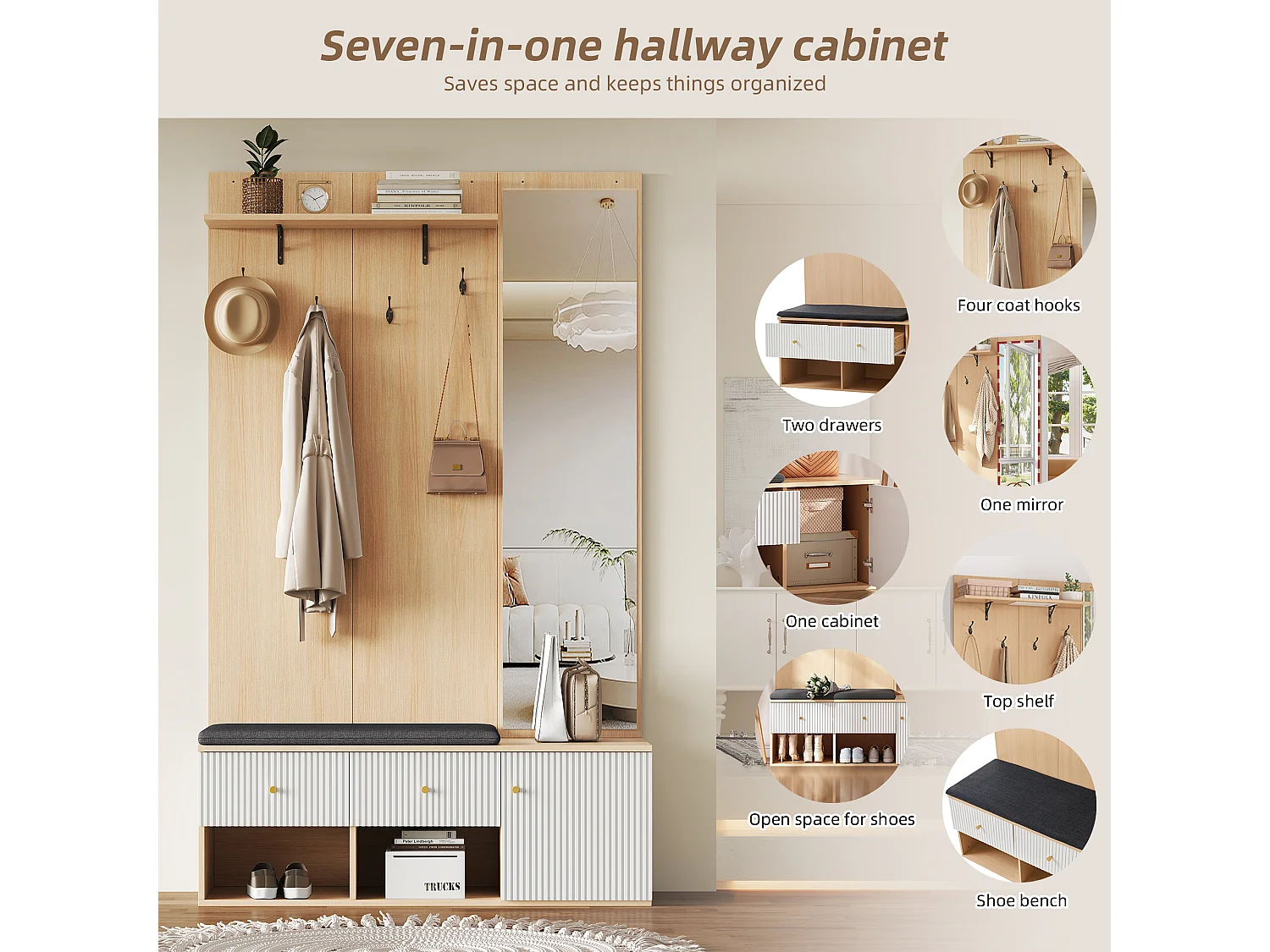 Ensemble vestiaire d'entrée 120x40x200 cm - avec miroir et 4 crochets - avec banc et meuble à chaussures - Naturel + Blanc