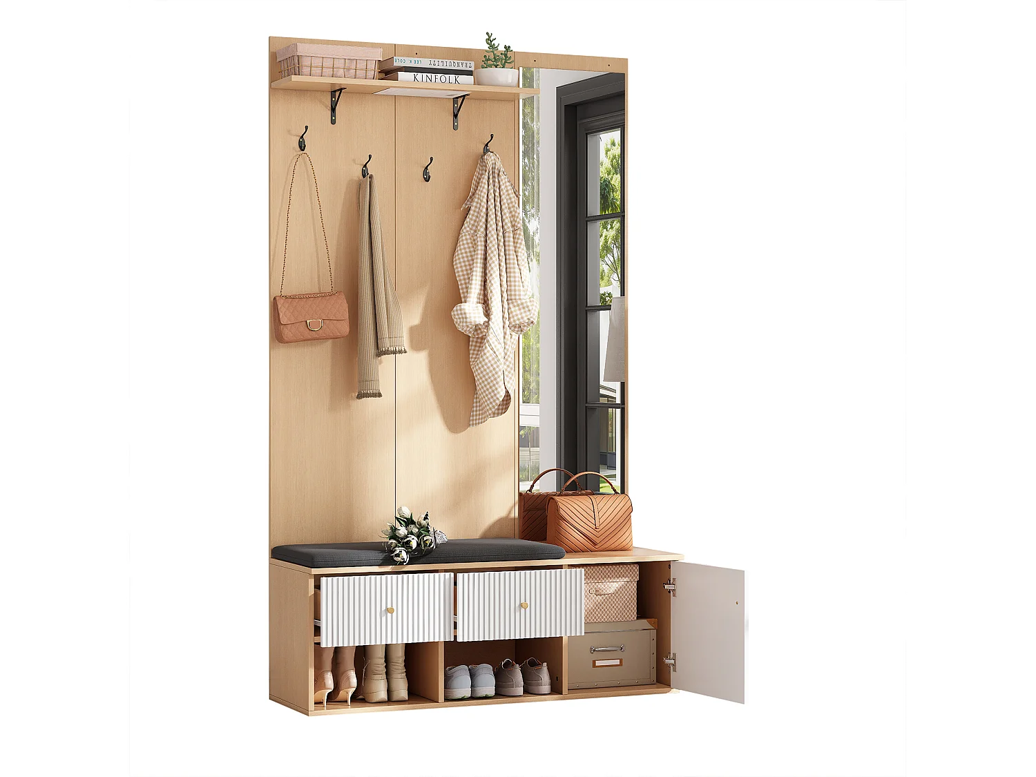 Ensemble vestiaire d'entrée 120x40x200 cm - avec miroir et 4 crochets - avec banc et meuble à chaussures - Naturel + Blanc