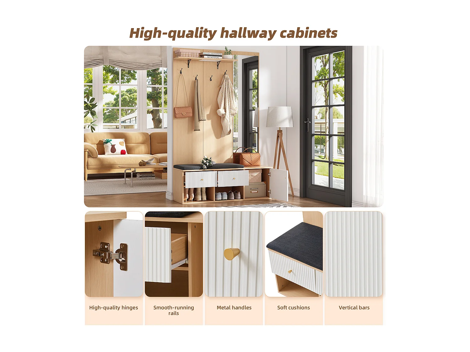 Ensemble vestiaire d'entrée 120x40x200 cm - avec miroir et 4 crochets - avec banc et meuble à chaussures - Naturel + Blanc