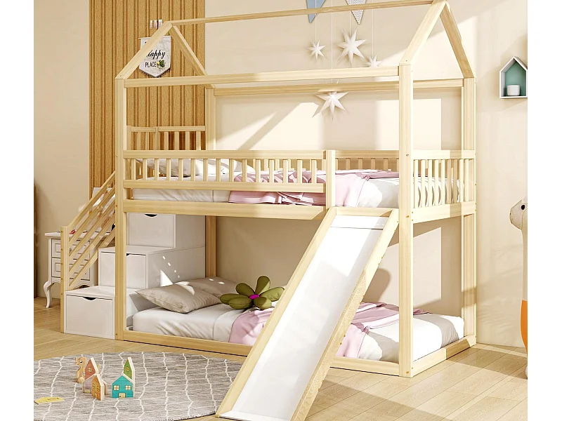 Kinder-Hochbett 90×200 cm - mit Rutsche - mit Sicherheitsleiter - mit 3 Schubladen - natur (Matratze nicht inbegriffen)