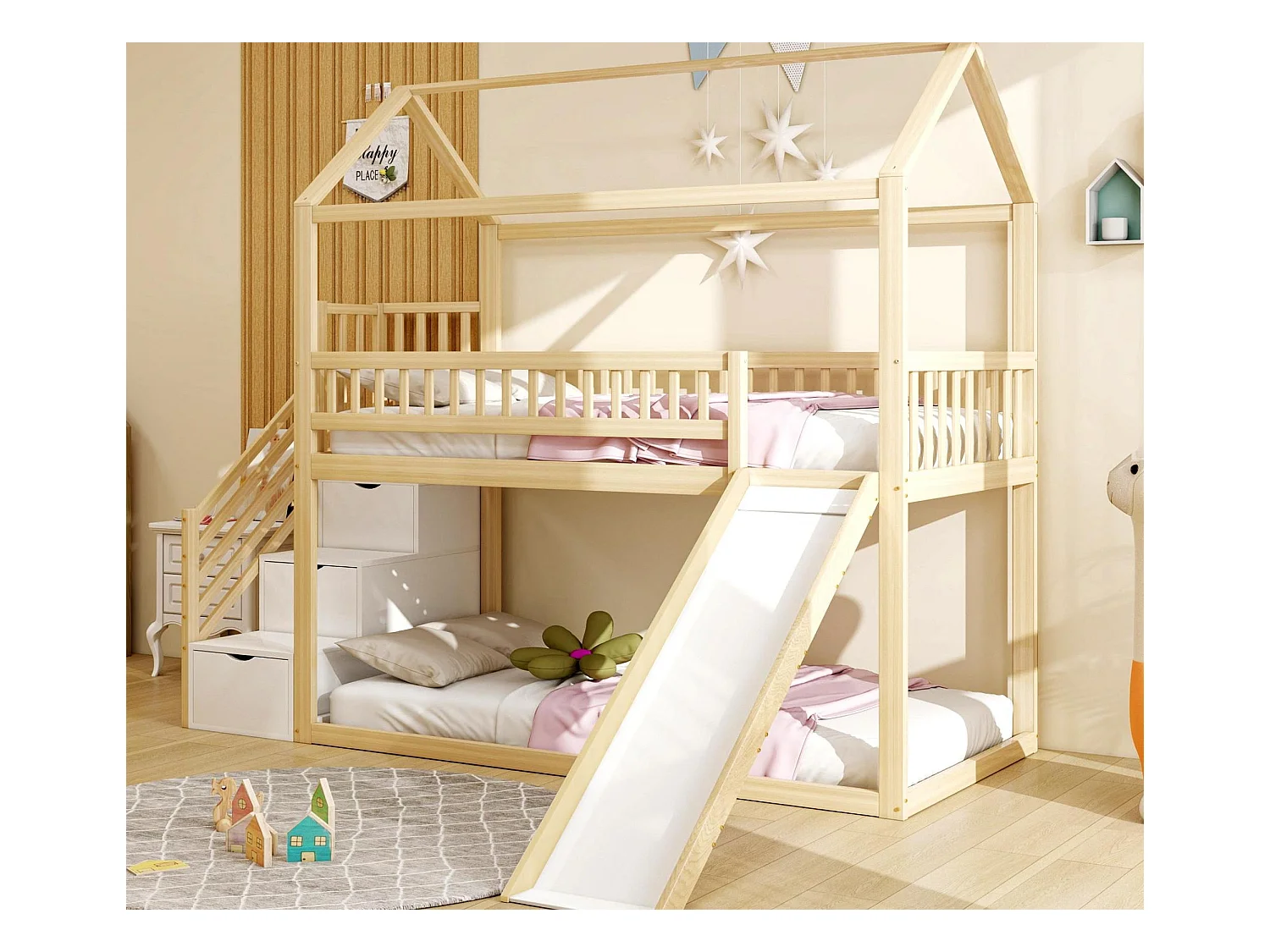 Lit mezzanine enfant 90x200 cm - avec toboggan - avec échelle de sécurité - avec 3 tiroirs - naturel (matelas non inclus)