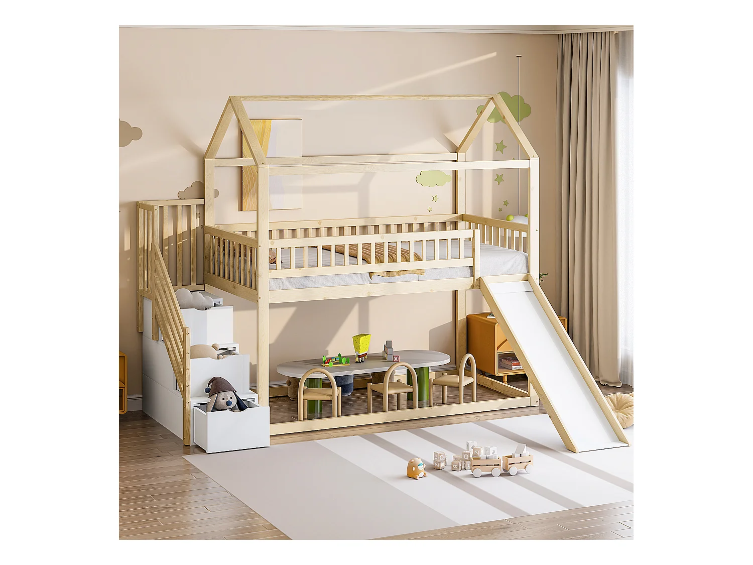 Lit mezzanine enfant 90x200 cm - avec toboggan - avec échelle de sécurité - avec 3 tiroirs - naturel (matelas non inclus)