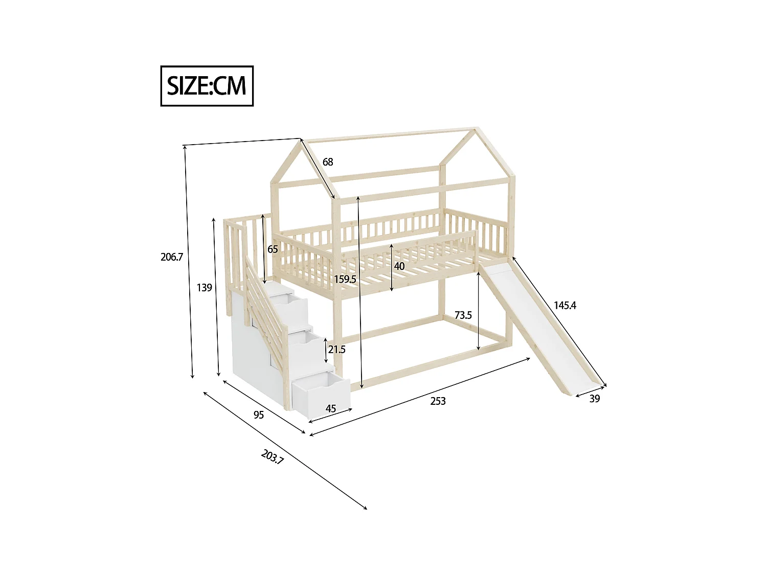 Lit mezzanine enfant 90x200 cm - avec toboggan - avec échelle de sécurité - avec 3 tiroirs - naturel (matelas non inclus)