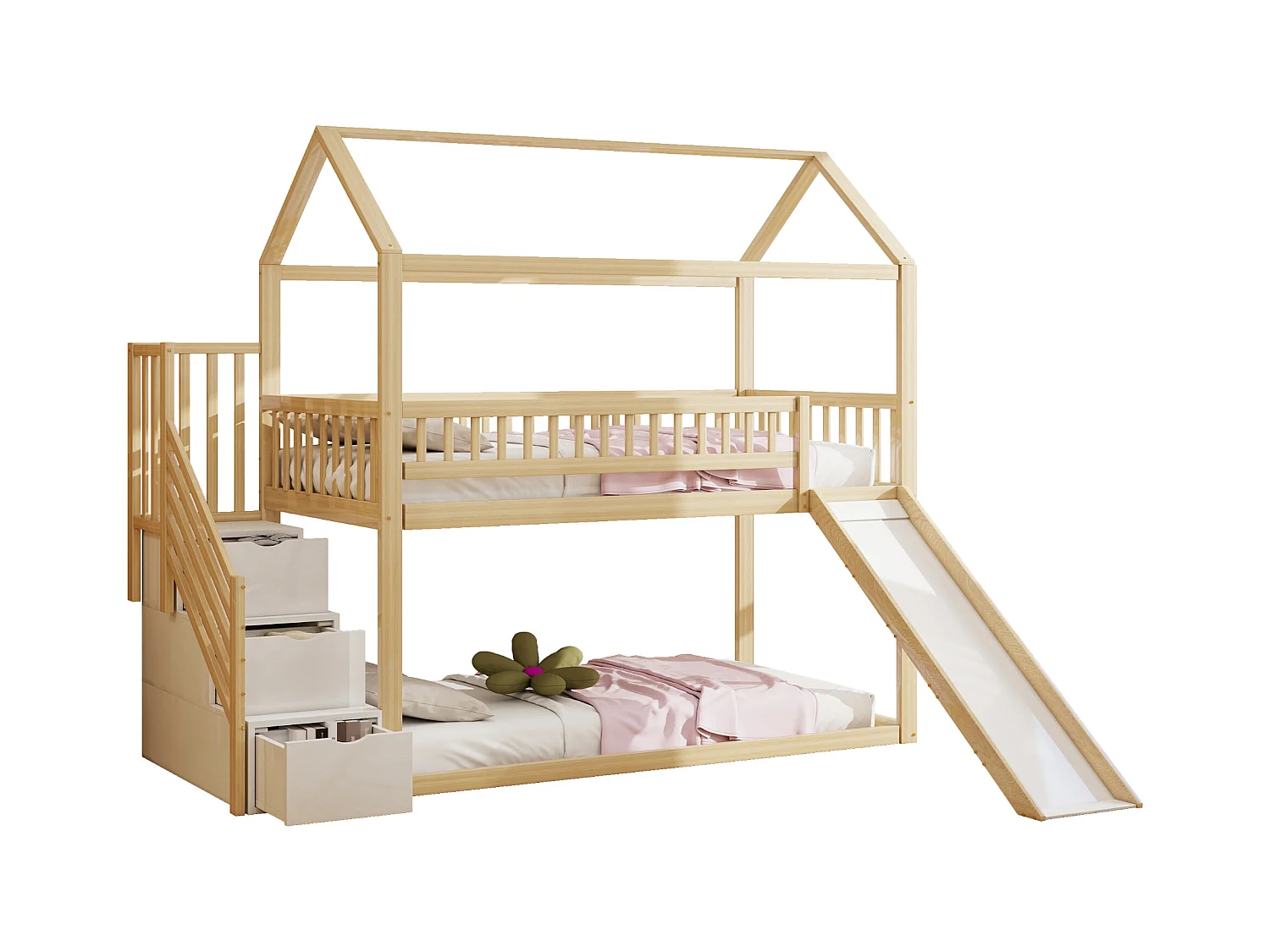 Lit mezzanine enfant 90x200 cm - avec toboggan - avec échelle de sécurité - avec 3 tiroirs - naturel (matelas non inclus)