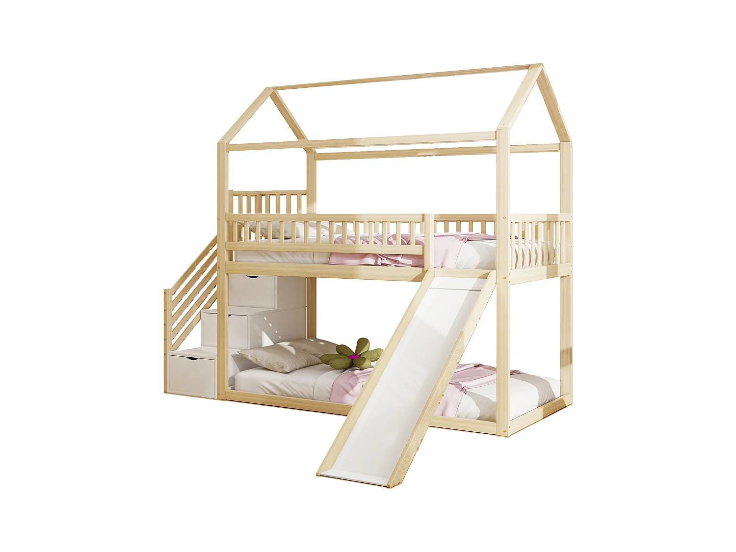 Lit mezzanine enfant 90x200 cm - avec toboggan - avec échelle de sécurité - avec 3 tiroirs - naturel (matelas non inclus)