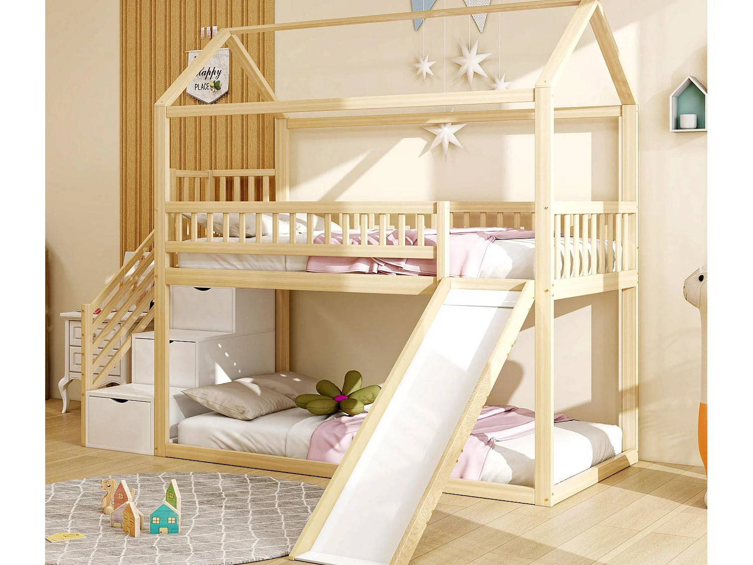 Kinder-Hochbett 90×200 cm - mit Rutsche - mit Sicherheitsleiter - mit 3 Schubladen - natur (Matratze nicht inbegriffen)