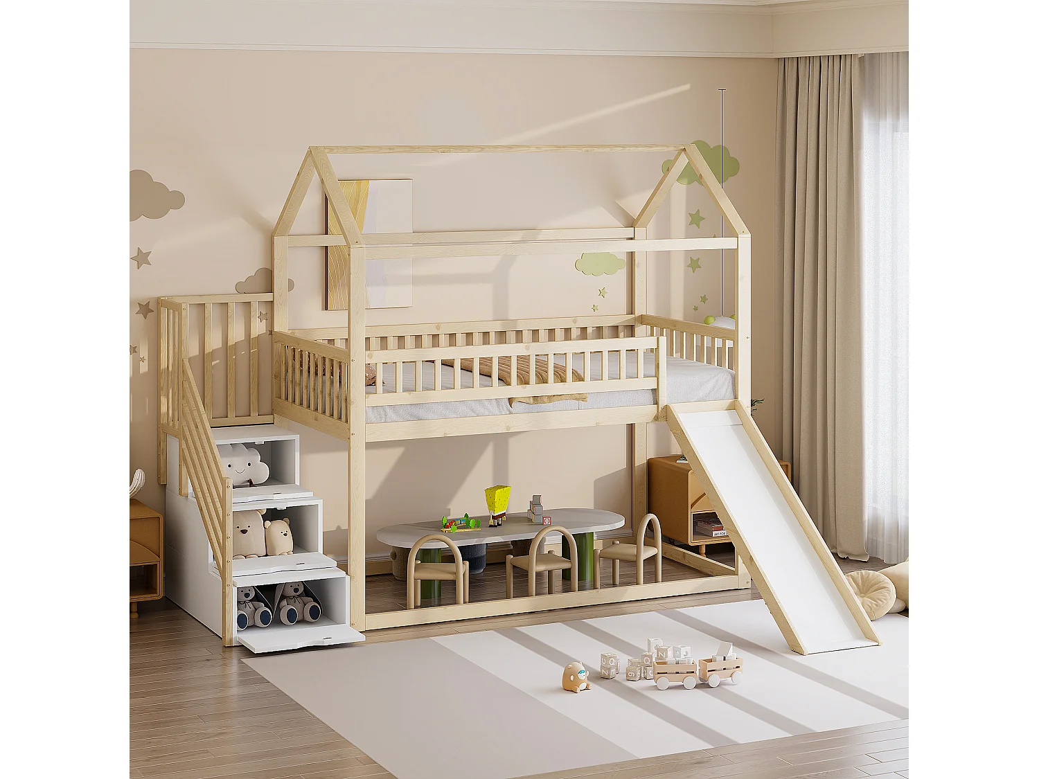 Lit mezzanine enfant 90x200 cm - avec toboggan - avec échelle de sécurité - avec 3 tiroirs - naturel (matelas non inclus)