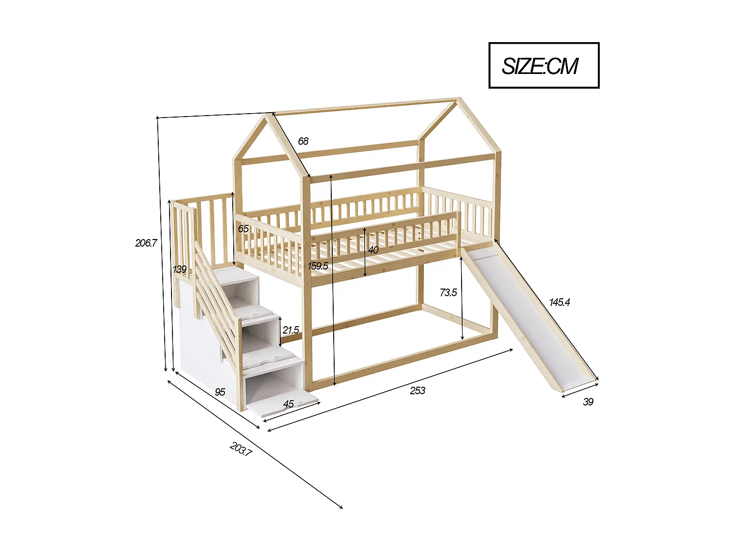 Lit mezzanine enfant 90x200 cm - avec toboggan - avec échelle de sécurité - avec 3 tiroirs - naturel (matelas non inclus)