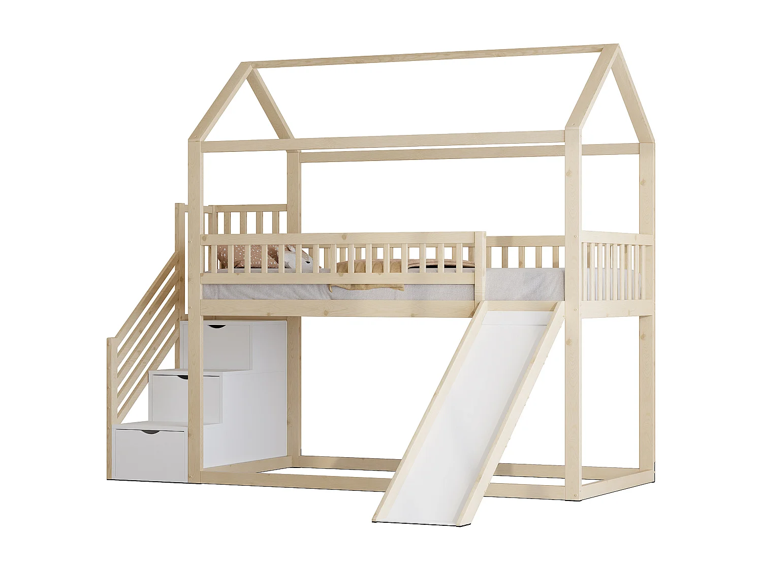 Lit mezzanine enfant 90x200 cm - avec toboggan - avec échelle de sécurité - avec 3 tiroirs - naturel (matelas non inclus)