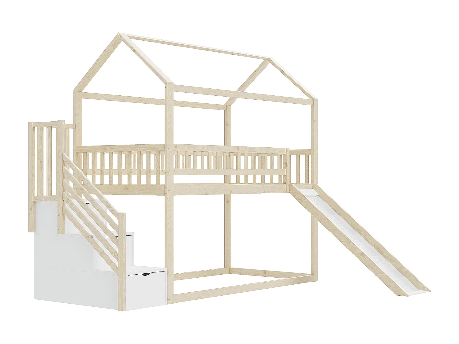 Lit mezzanine enfant 90x200 cm - avec toboggan - avec échelle de sécurité - avec 3 tiroirs - naturel (matelas non inclus)