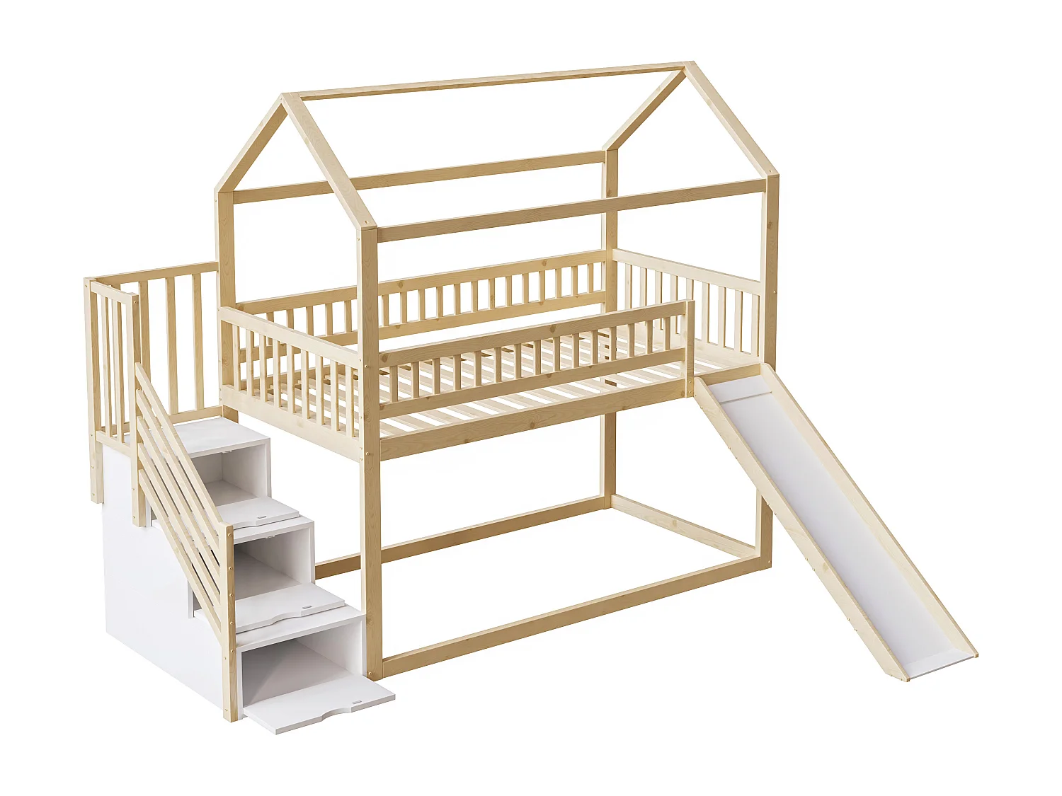 Lit mezzanine enfant 90x200 cm - avec toboggan - avec échelle de sécurité - avec 3 tiroirs - naturel (matelas non inclus)