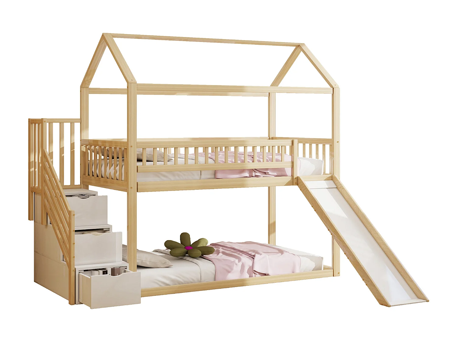 Kinder-Hochbett 90×200 cm - mit Rutsche - mit Sicherheitsleiter - mit 3 Schubladen - natur (Matratze nicht inbegriffen)