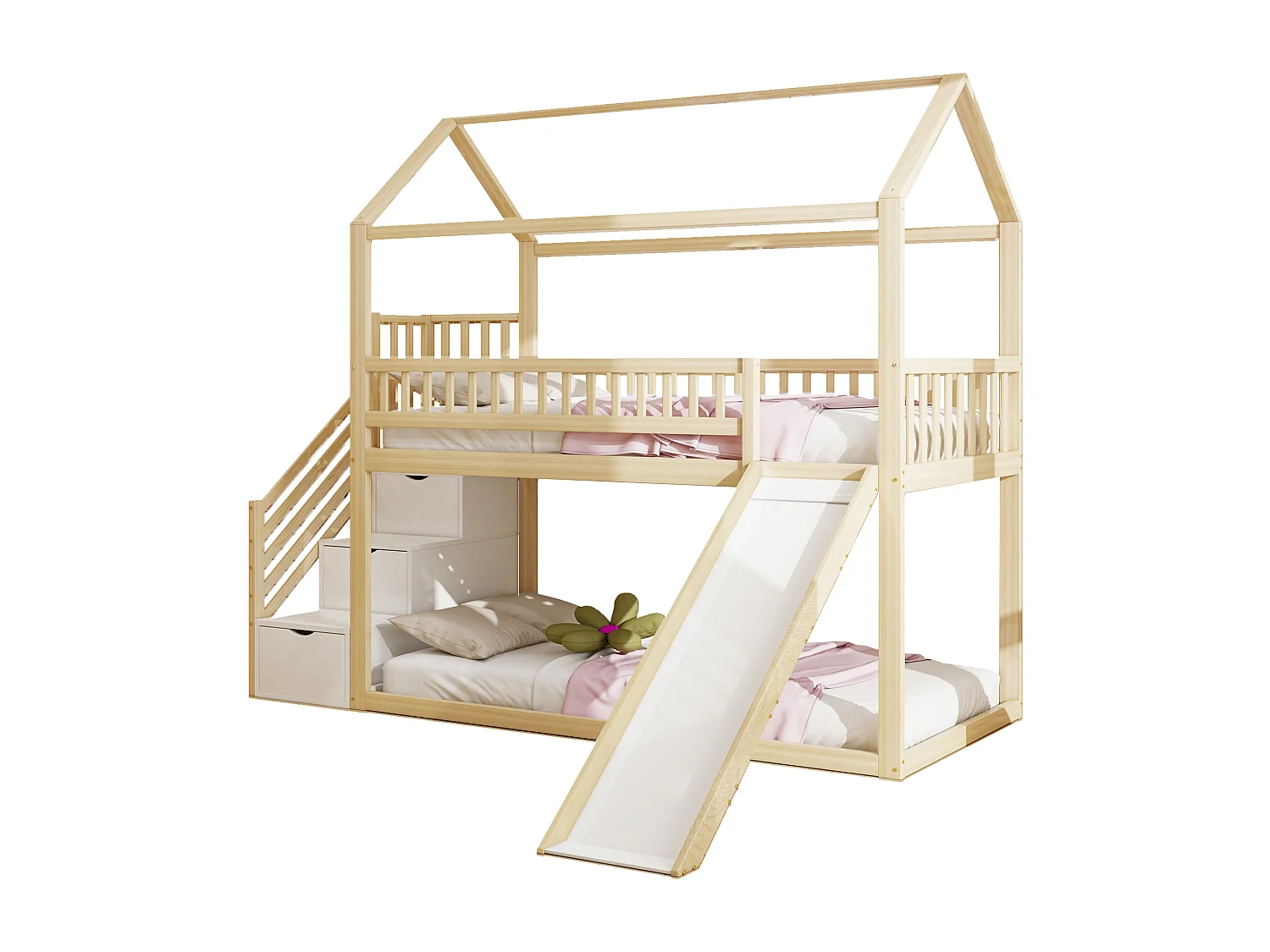 Kinder-Hochbett 90×200 cm - mit Rutsche - mit Sicherheitsleiter - mit 3 Schubladen - natur (Matratze nicht inbegriffen)