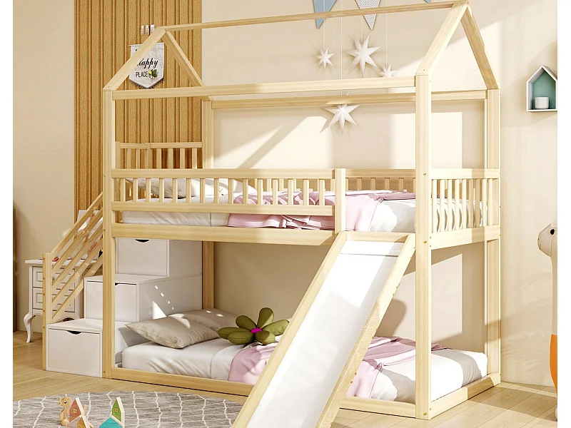 Kinder-Hochbett 90×200 cm - mit Rutsche - mit Sicherheitsleiter - mit 3 Schubladen - natur (Matratze nicht inbegriffen)