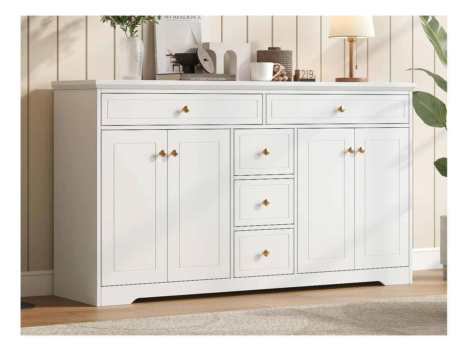Buffet 150×40×85 cm - met 5 laden en 4 deuren - met verstelbare planken - MDF - Wit