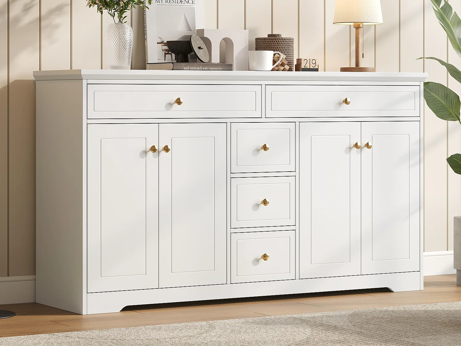Buffet 150x40x85 cm - avec 5 tiroirs et 4 portes - avec étagères réglables - MDF - Blanc