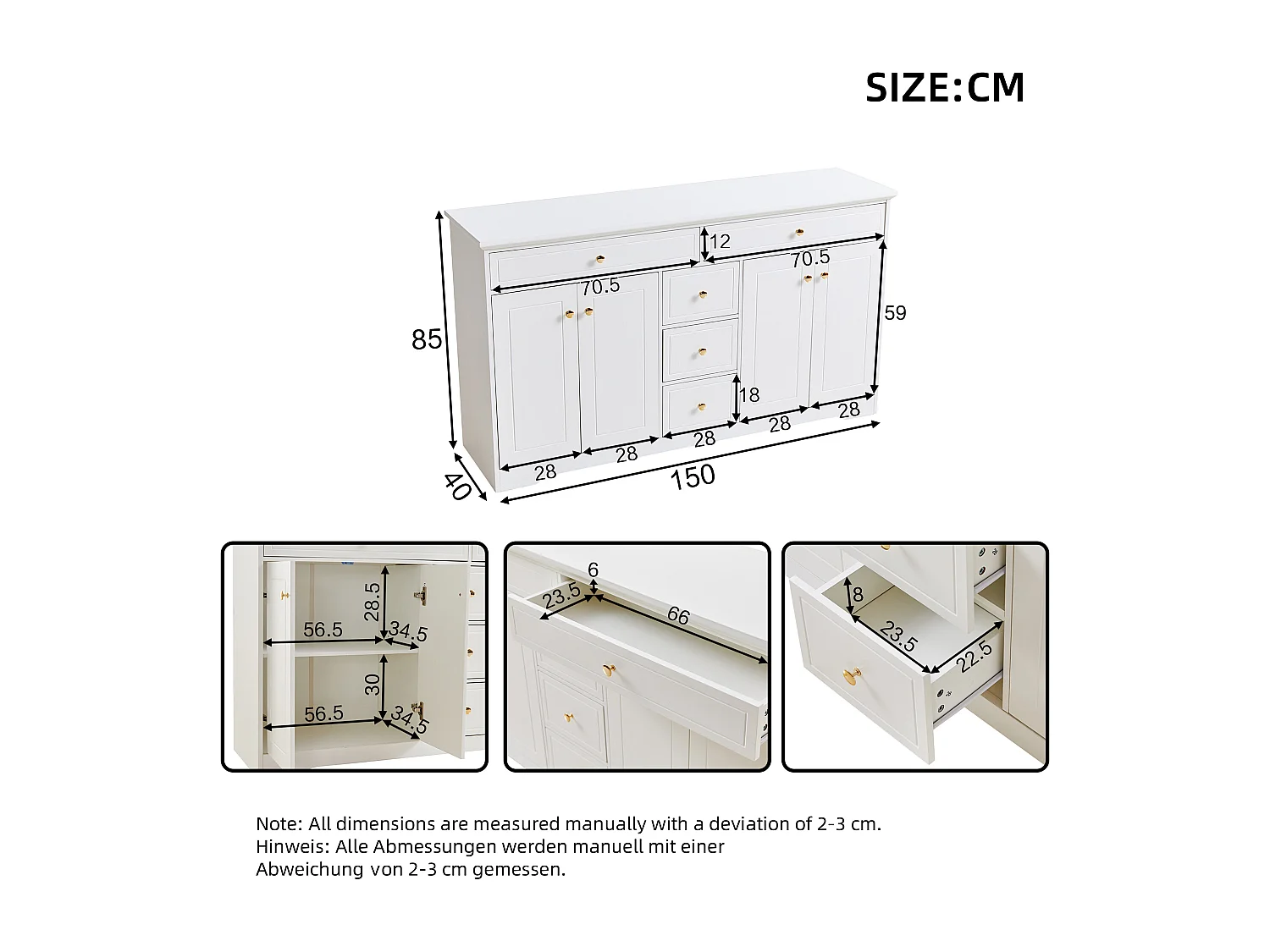 Buffet 150x40x85 cm - avec 5 tiroirs et 4 portes - avec étagères réglables - MDF - Blanc