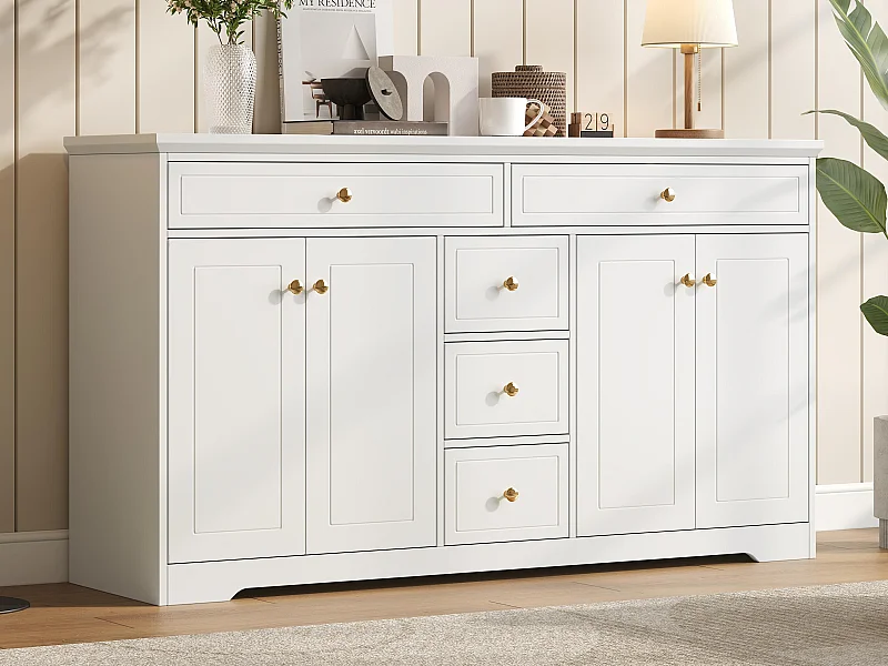 Buffet 150x40x85 cm - avec 5 tiroirs et 4 portes - avec étagères réglables - MDF - Blanc