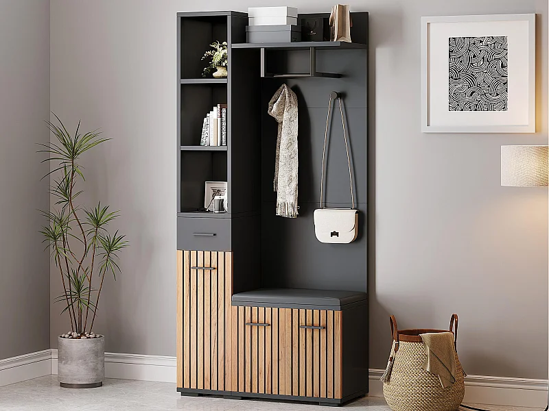 Eingangsgarderobenset 80×35×175 cm - 1 Schublade und 3 Türen - mit Bank und Schuhschrank - 2 Haken - Schwarz + natur