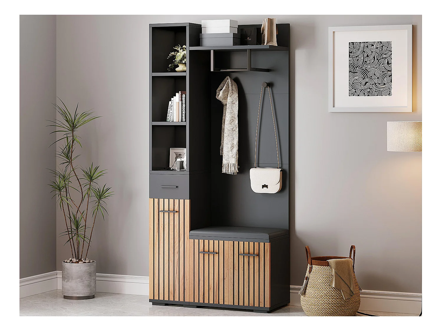 Eingangsgarderobenset 80×35×175 cm - 1 Schublade und 3 Türen - mit Bank und Schuhschrank - 2 Haken - Schwarz + natur