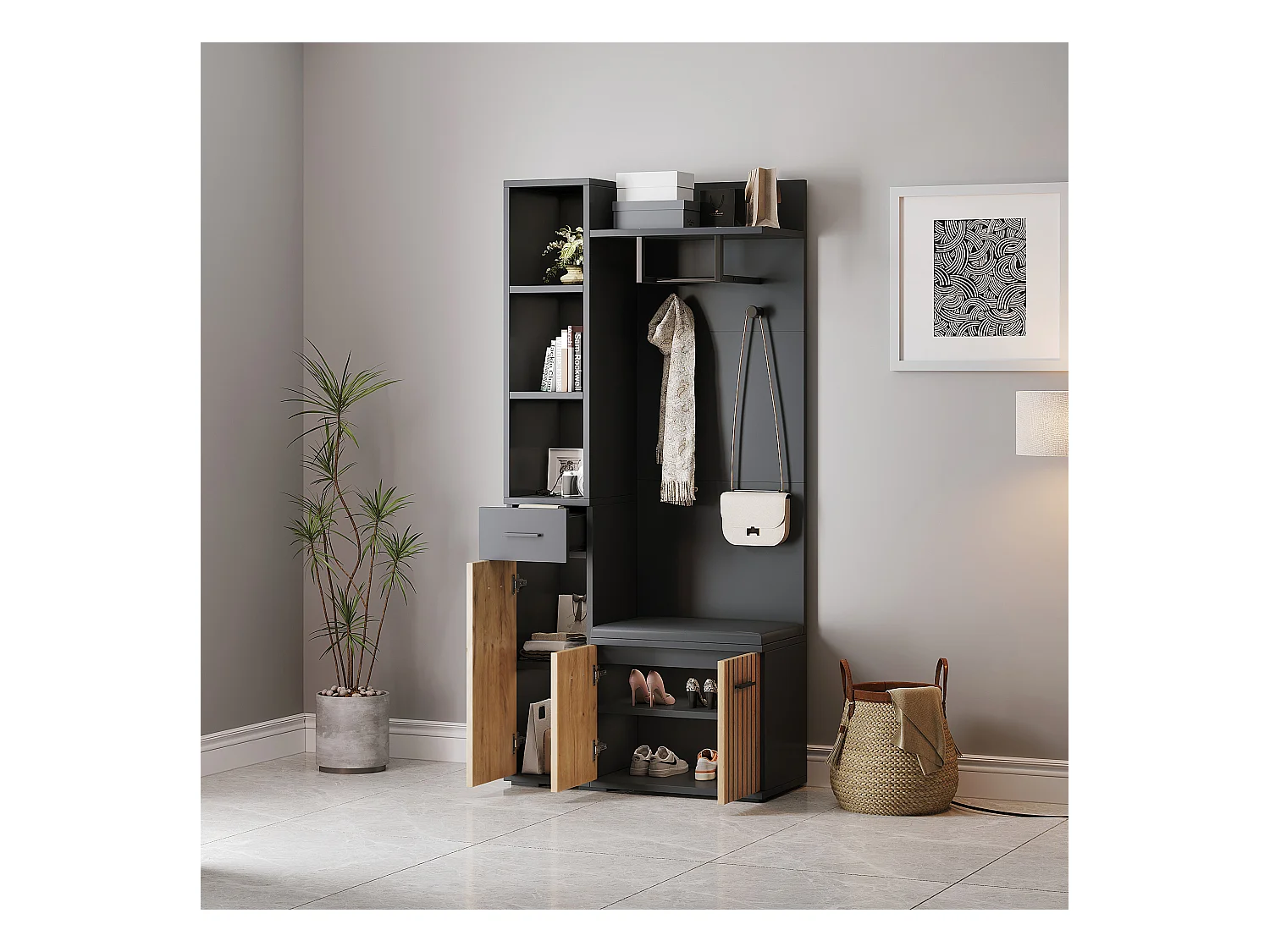 Eingangsgarderobenset 80×35×175 cm - 1 Schublade und 3 Türen - mit Bank und Schuhschrank - 2 Haken - Schwarz + natur