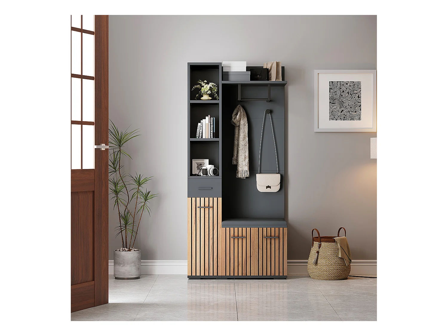 Eingangsgarderobenset 80×35×175 cm - 1 Schublade und 3 Türen - mit Bank und Schuhschrank - 2 Haken - Schwarz + natur