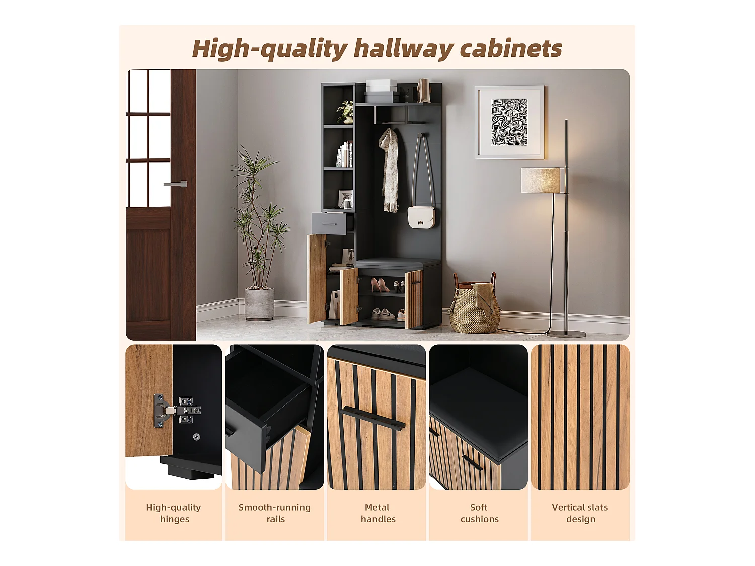 Eingangsgarderobenset 80×35×175 cm - 1 Schublade und 3 Türen - mit Bank und Schuhschrank - 2 Haken - Schwarz + natur