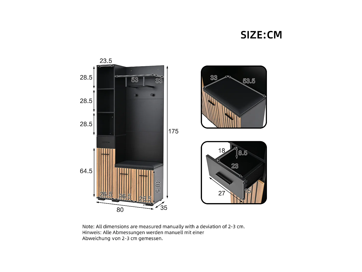 Eingangsgarderobenset 80×35×175 cm - 1 Schublade und 3 Türen - mit Bank und Schuhschrank - 2 Haken - Schwarz + natur