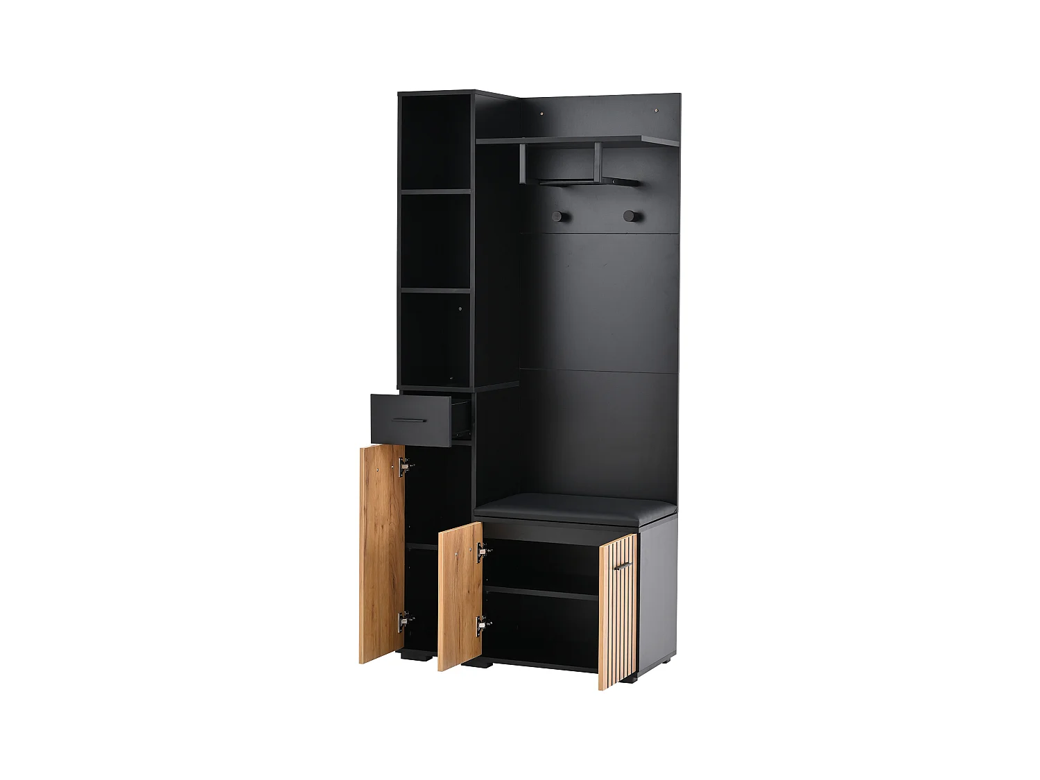 Eingangsgarderobenset 80×35×175 cm - 1 Schublade und 3 Türen - mit Bank und Schuhschrank - 2 Haken - Schwarz + natur