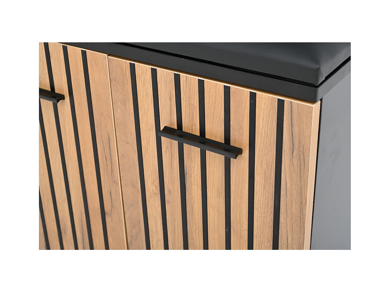 Eingangsgarderobenset 80×35×175 cm - 1 Schublade und 3 Türen - mit Bank und Schuhschrank - 2 Haken - Schwarz + natur