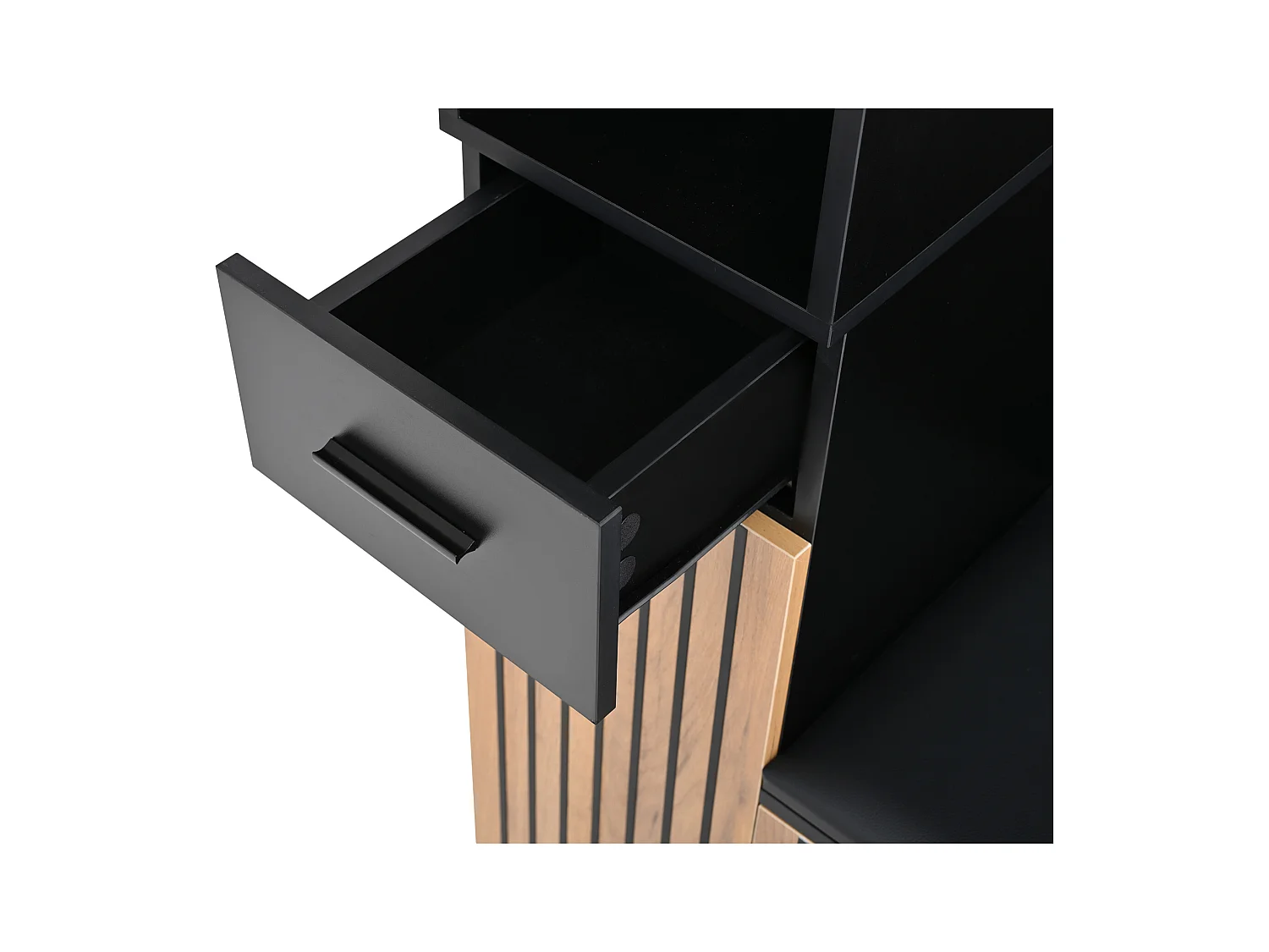 Eingangsgarderobenset 80×35×175 cm - 1 Schublade und 3 Türen - mit Bank und Schuhschrank - 2 Haken - Schwarz + natur