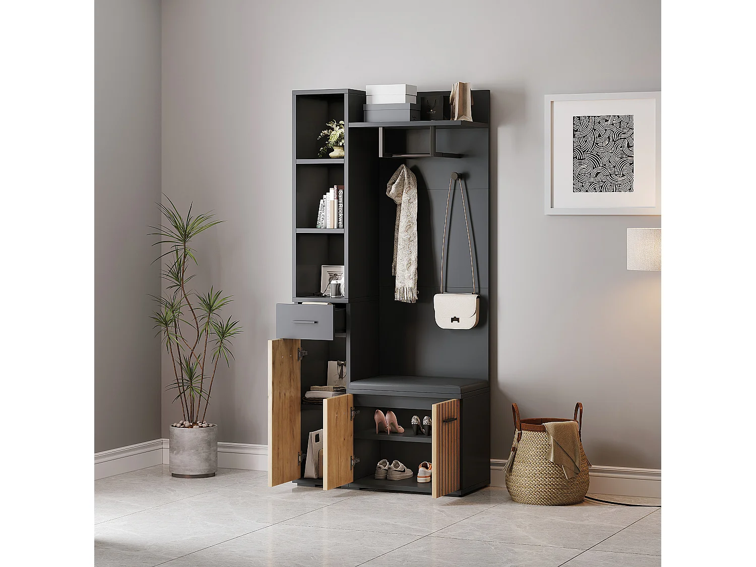 Ensemble vestiaire d'entrée 80x35x175 cm - 1 tiroir et 3 portes - avec banc et meuble à chaussures - 2 crochets - Noir + naturel