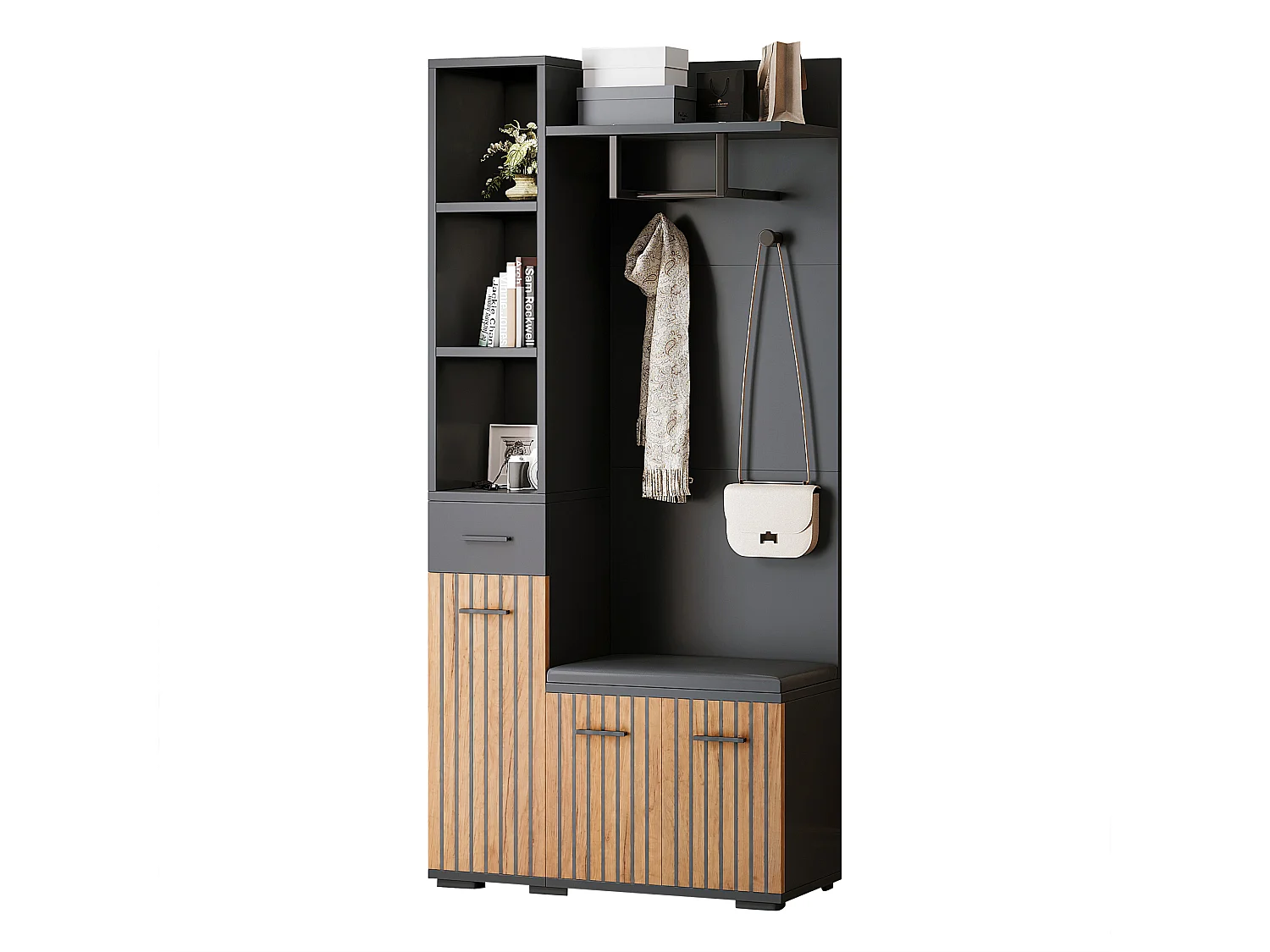 Eingangsgarderobenset 80×35×175 cm - 1 Schublade und 3 Türen - mit Bank und Schuhschrank - 2 Haken - Schwarz + natur