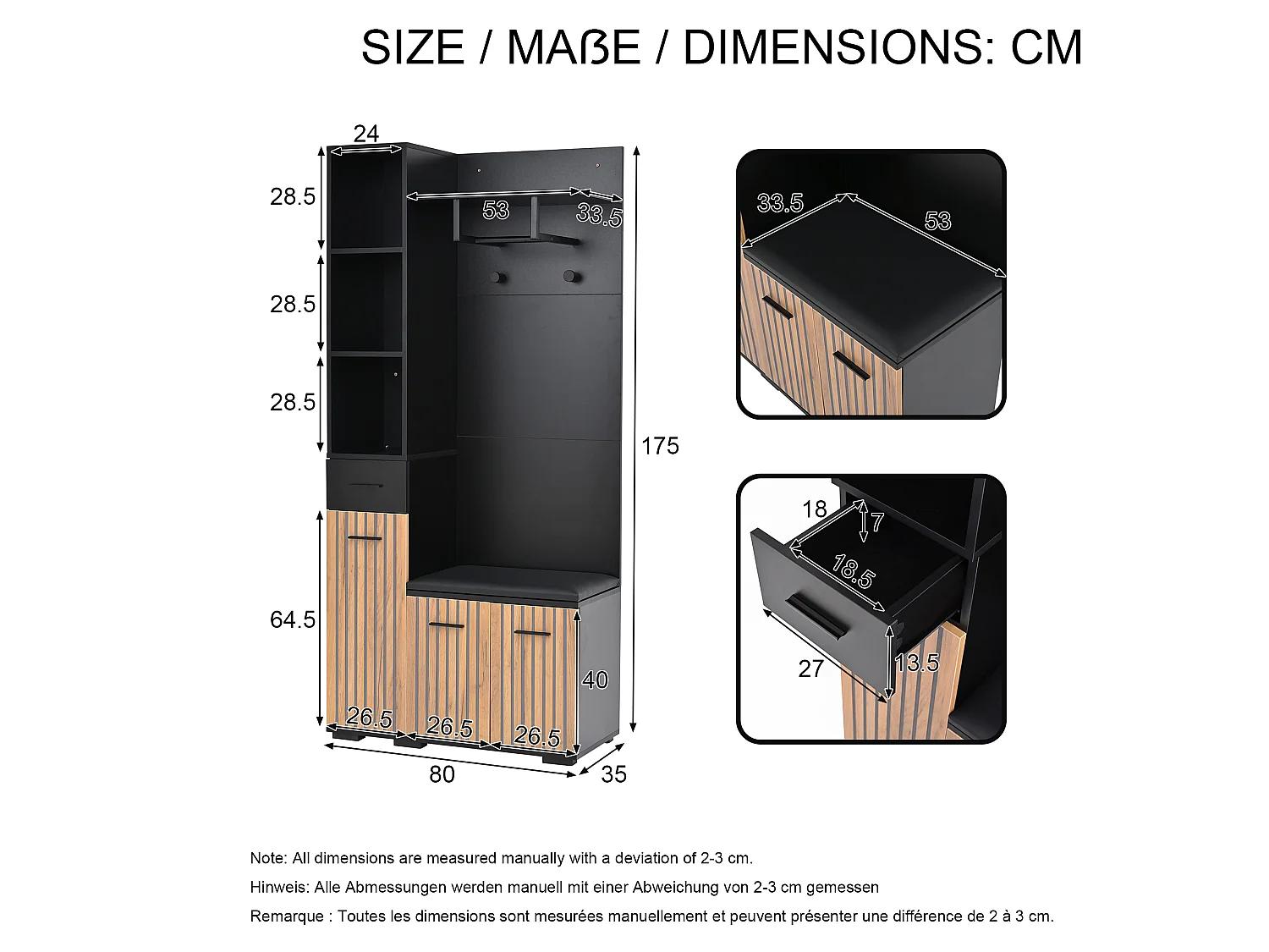 Eingangsgarderobenset 80×35×175 cm - 1 Schublade und 3 Türen - mit Bank und Schuhschrank - 2 Haken - Schwarz + natur