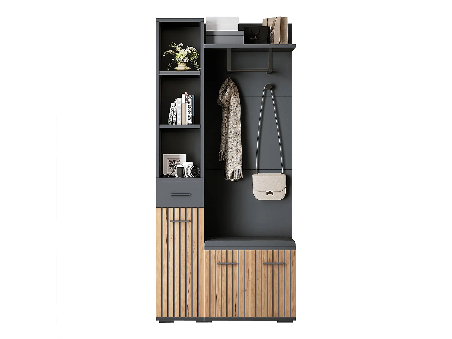 Eingangsgarderobenset 80×35×175 cm - 1 Schublade und 3 Türen - mit Bank und Schuhschrank - 2 Haken - Schwarz + natur